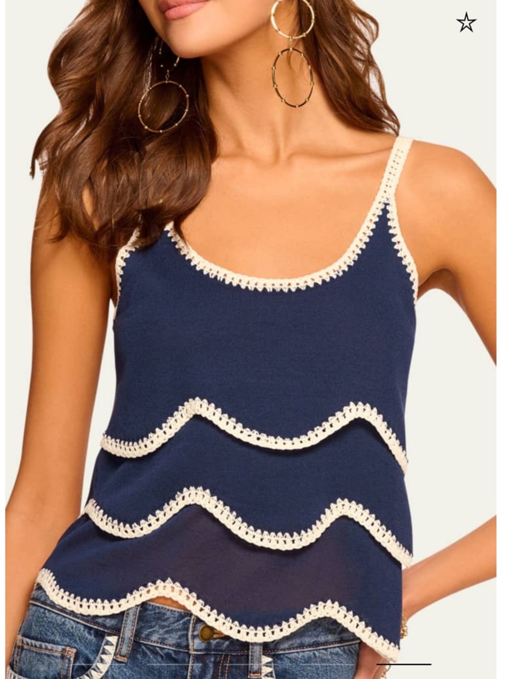 Ramy Brook "Ariel" tiered top finished with embroidered scalloped-trim Navy